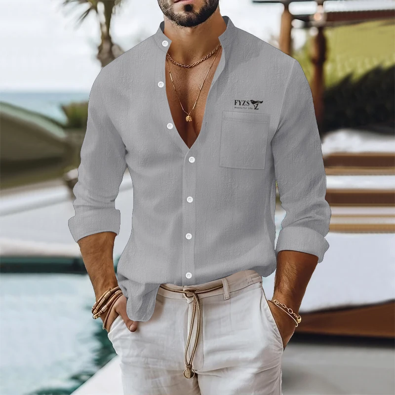 Men's Cotton Linen Shirts Solid Color pocket Long Sleeved Shirt Summer business casual Blouses Male Stand Collar Beach Style Top