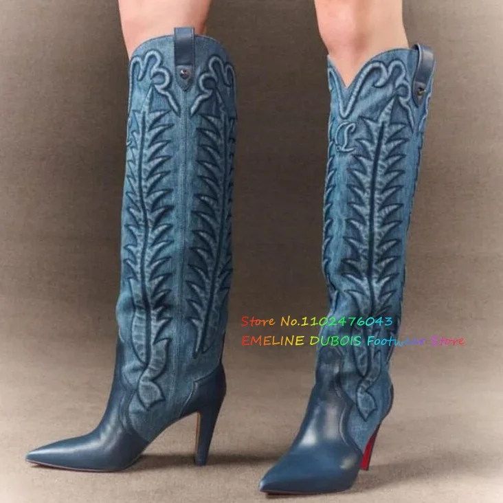 3D Embroidered Leather Splicing Knee High Boots Women Pointed Toe Stiletto Heel Slip On Designer Brand Winter Trendy Booties