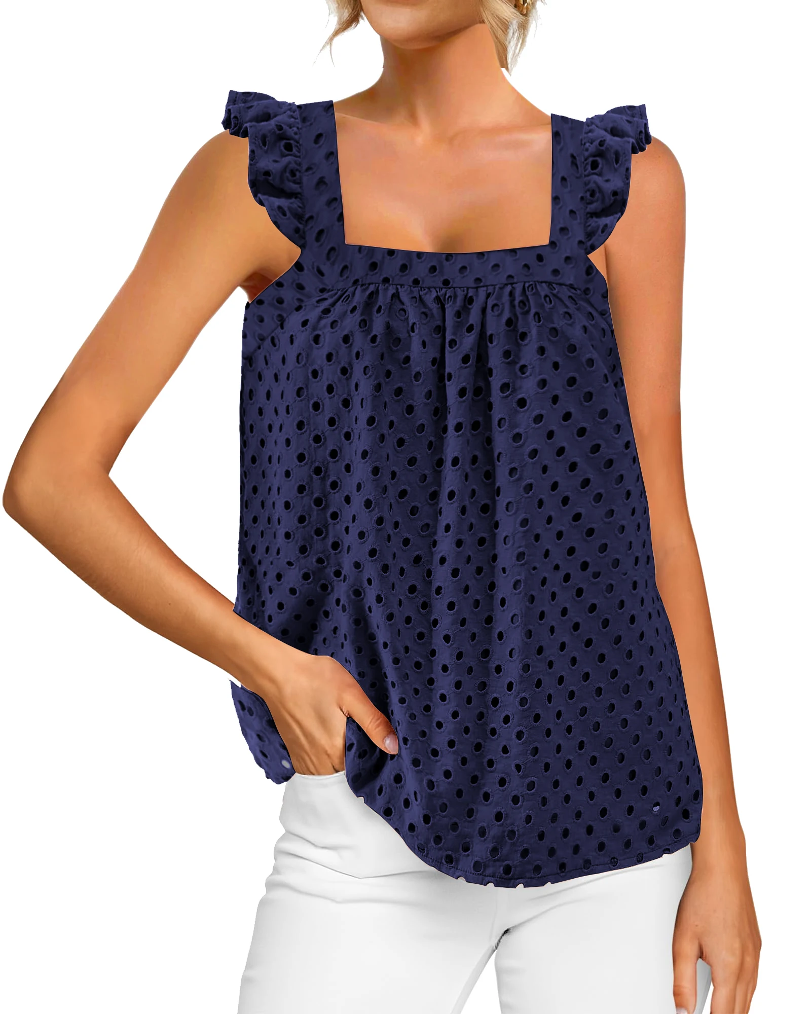 Camisas sin mangas de verano con cuello cuadrado y tirantes para el hombro con volantes y agujeros de Color sólido para mujer