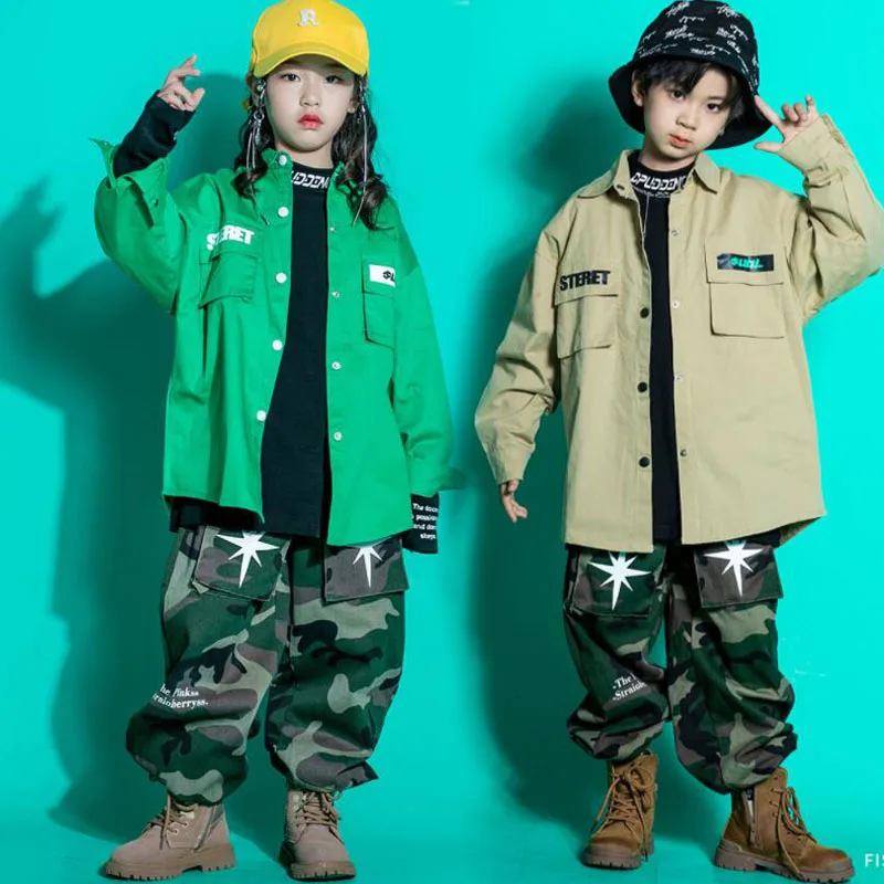 Crianças Mostrando Roupa Hip Hop Roupas Cord Shirt Jacket Camo Tactical Cargo Joggers Calças Para Menina Menino Roupas Traje Jazz Dance