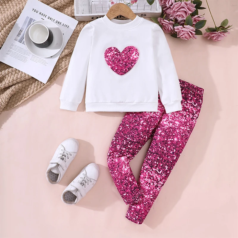 Girls Clothes Print Clothes Cotton Long Sleeve Print Sequins Heart T-shirt + Rose Red Leggings 2Pcs  Toddler Girl Clothing Sets