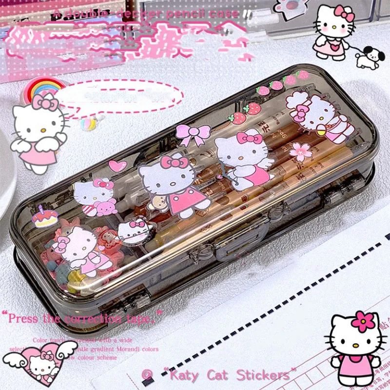 

Kawaii Sanrio Anime Double Layered Transparent Stationery Box Cute Hello Kitty My Melody Kuromi Detachable Baffle Gift for Girls