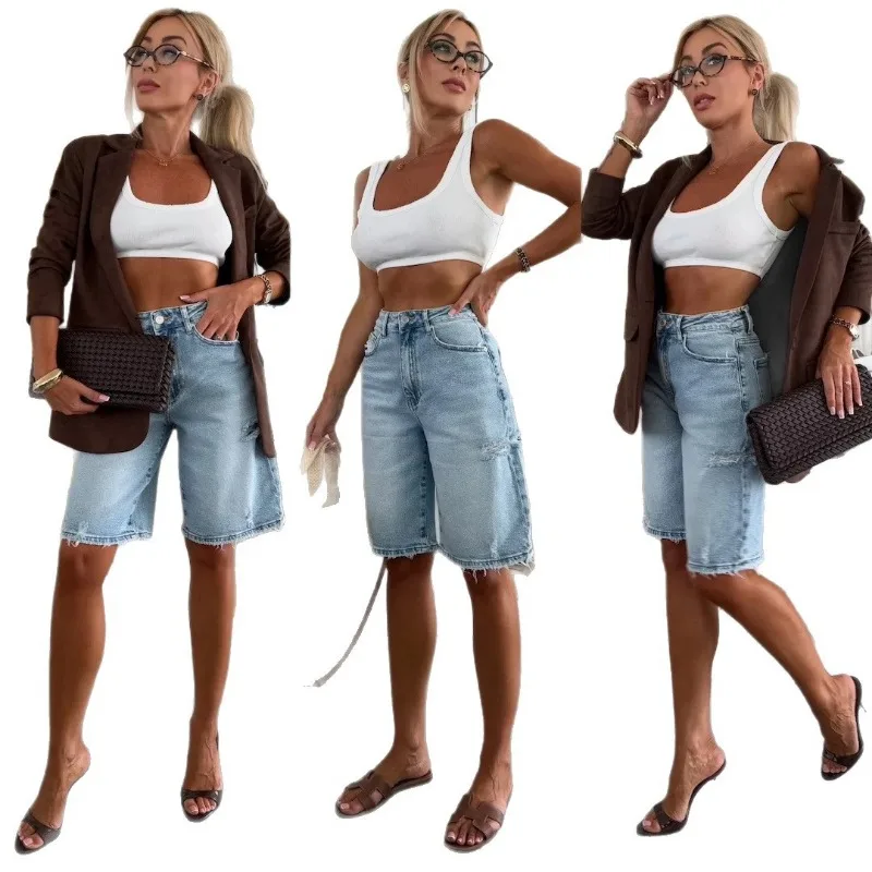 شورت جينز نسائي صيفي جديد على طراز الشارع الأمريكي للترفيه الحضري فضفاض بفتحة مغسولة