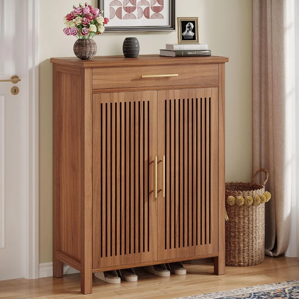 

5-Tier Shoe Cabinet with Louvered Doors and Drawer - Freestanding Wooden Shoe Rack Organizer with Adjustable Storage
