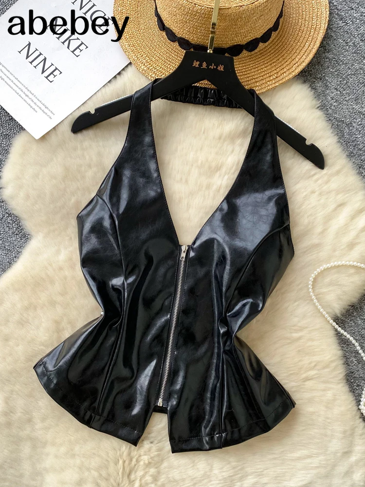 Women Aesthetic Leather Vest Crop Halter Deep V-Neck Tops Summer Solid Color Metal Buckle Backless Sleeveless Shirts