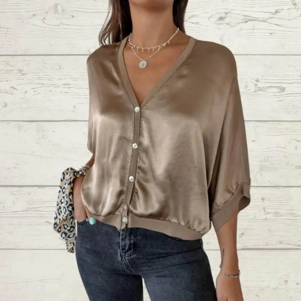 Women Solid Color V-neck Top Elegant Satin V-neck Women\'s Shirt Loose Fit 3/4 Sleeves Single Breasted Casual Top Satin Blouse