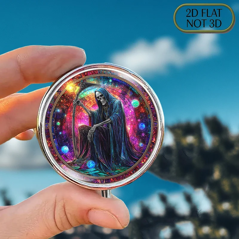 Single-piece flat, portable, round metal pill box, adorned with vivid stained glass patterns depicting the Grim Reaper and ethereal cats, suitable for storing medication or health supplements, ideal for organizing pills and storing vitamins, and can also serve as a thoughtful gift for loved ones, with a flat design