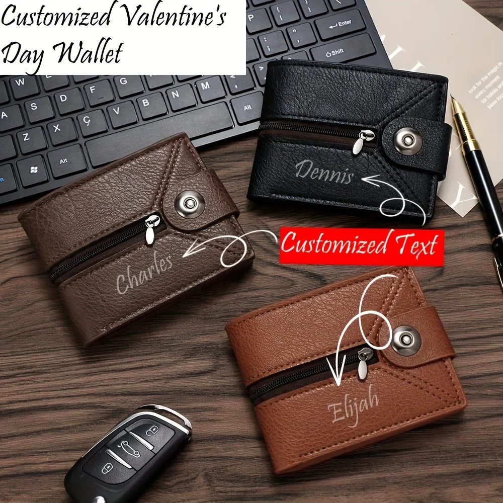 

Customizable Engraved Name PU Leather Men's Short Wallets with Zipper, Personalized Name Buckle Detail Purse Father's Day Gifts