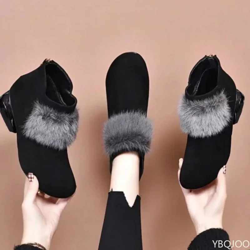 Women Winter Plush Shoes Low Heel Warm Boots Ladies Non-slip Commuter Office Ladies Shoes Fashion Zipper Short Boots Mujer Botas