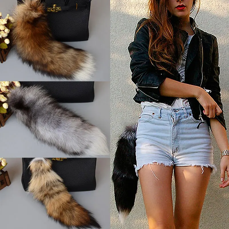 40cm Cute Wolf Fox Tail Fur Car Keychains For Women Men Pompom Pendant Key Ring Holder Fluffy Keychain Accessories Gift For Girl