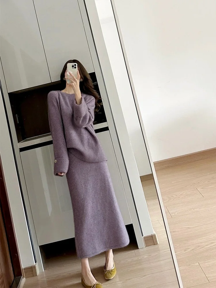 Women Two Pieces Sets Knitted Gentle Loose Casual O-neck Pullover Slouchy High Waist Midi Skirts Solid Elegant Daily Temper Warm