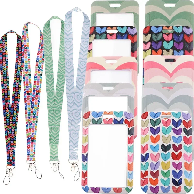 Heart Print ID Badge Holder Lanyard Keychain Women Credit Card Case Neck Strap Card Holders Bags Case