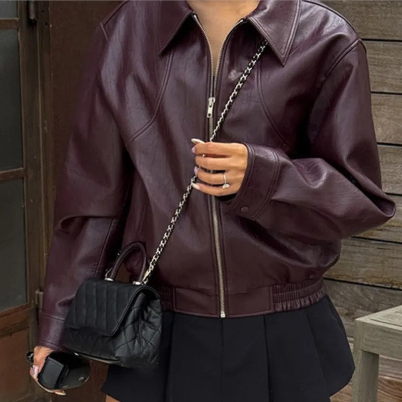

Belted Design Street-Style Retro Outerwear Stylish Coat Windproof Casual Coats 2025 Autumn New Women's Short Faux Leather Jacket