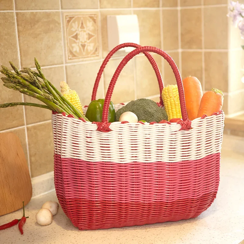 Large Handheld Plastic Woven Storage Basket, Picnic Fruit Basket, Supermarket Shopping Storage Bin, Decorative