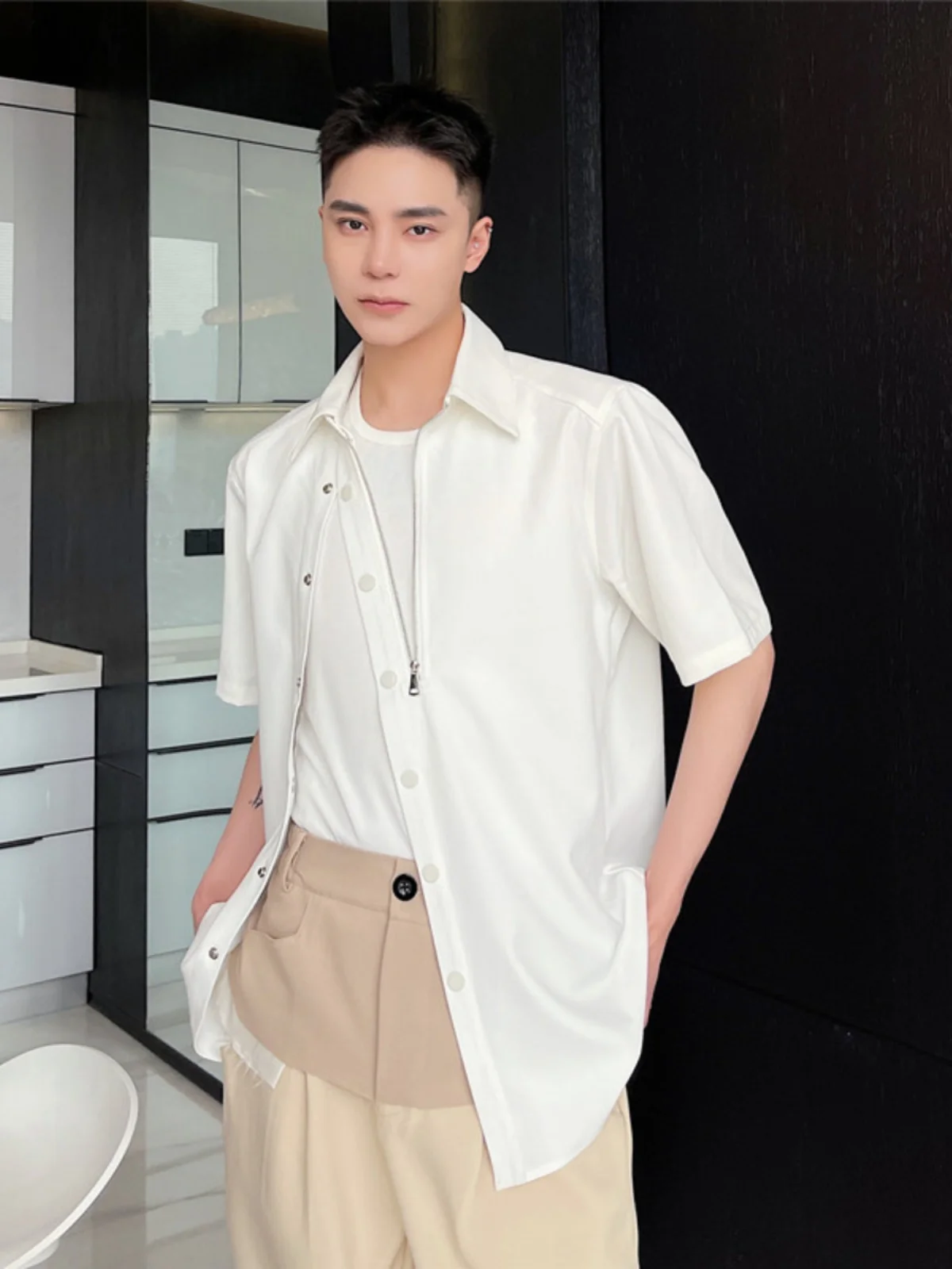 

Summer New Zippered ort Sve T-irt Men's Loose Fit Casual Collar Trendy Brand Streetwear Youth ular for All People