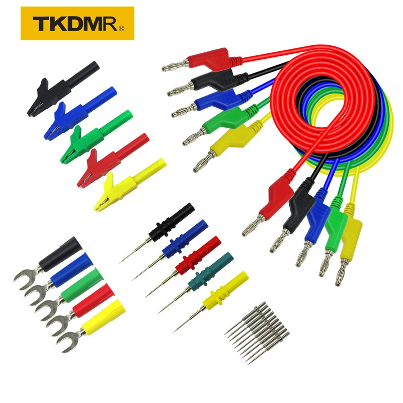 TKDMR 30PCS Set 5 Colors 4mm Dual Banana Plug Smooth Silicone Lead Test Cable For Multimeter 1m U-Shaped Alligator Clip