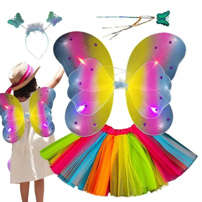 Fairy Outfits For Girls Butterfly Wand Cosplay Accessories With Lights 4 Pcs Children's Fairy CostumesDress Up Fairy Wings