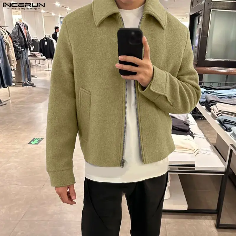 INCERUN سترات رجالية بلون واحد مع سحاب أكمام طويلة معاطف رجالية غير رسمية ملابس خروج فضفاضة موضة ملابس خارجية ترفيهية سترات