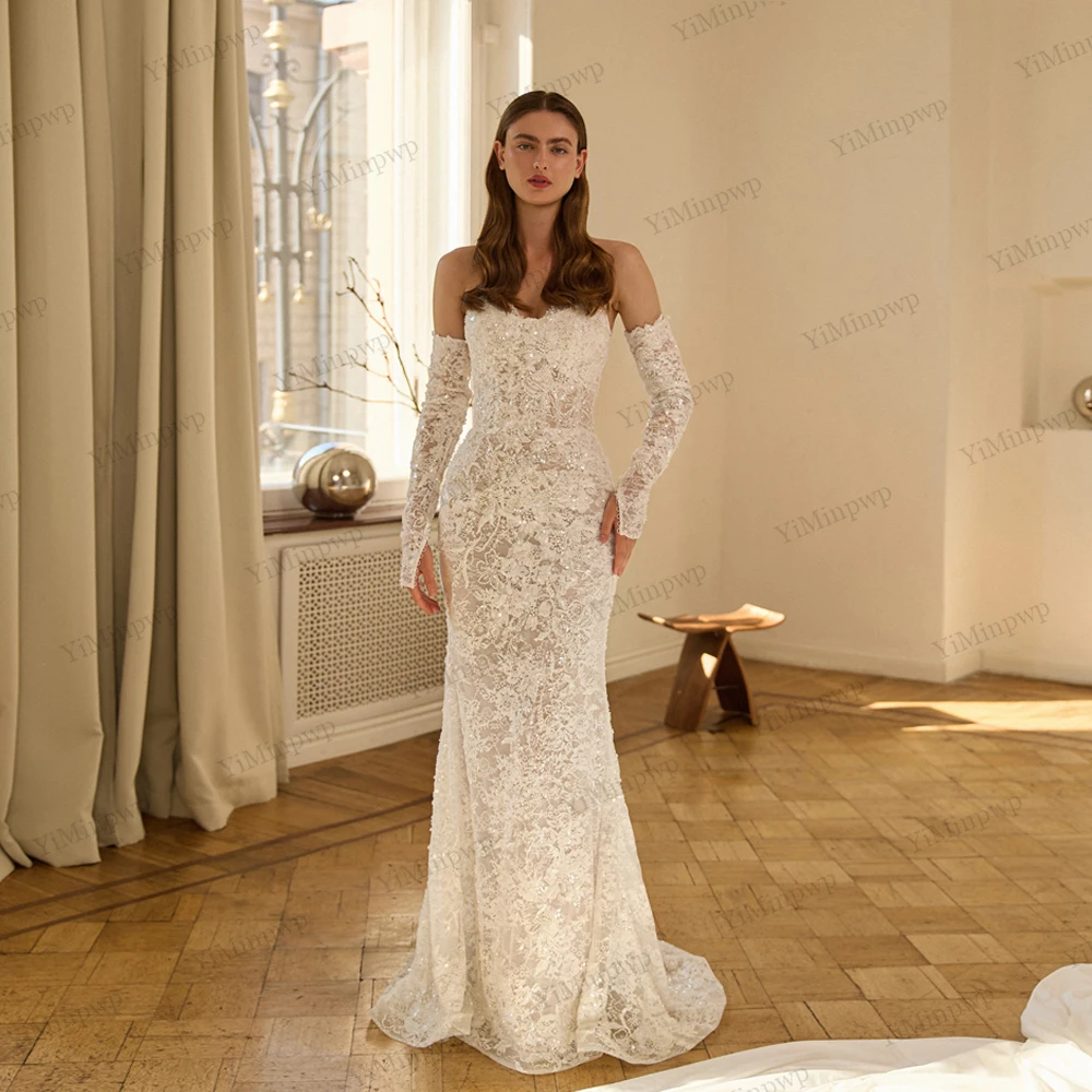 

Customized Beaded Detachable Sleeve Wedding Dresses Sequin Applique Backless Mermaid Luxury vestidos de novia 2026 Customized
