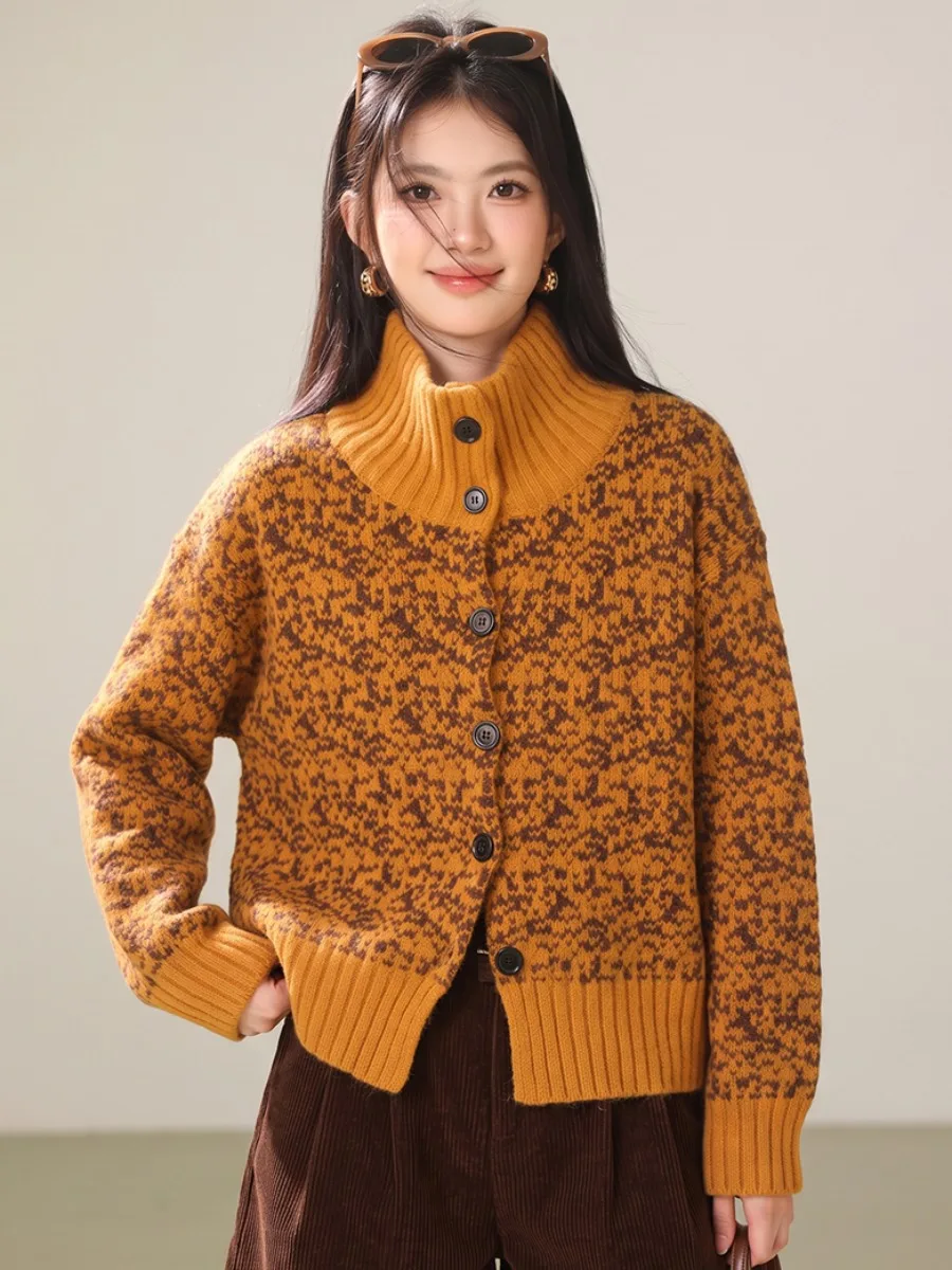 Retro Mixed Color Stand Collar Open Cardigan Sweater Women's Autumn Winter Lazy Style Loose Soft Pumpkin Orange Knitted Jacket
