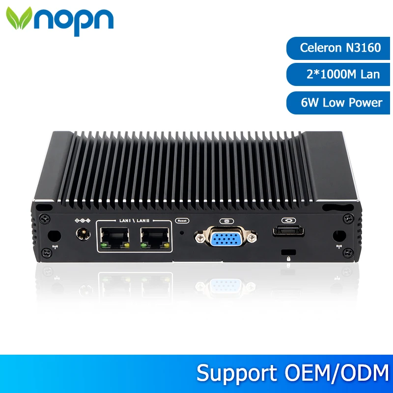 VNOPN Mini PC 6W a bassa potenza Intel N3160 Quad Core Quad Thread X86 FanlessPC Router morbido 2*1000M Porta Lan Uscita HD-MI Custodia in metallo
