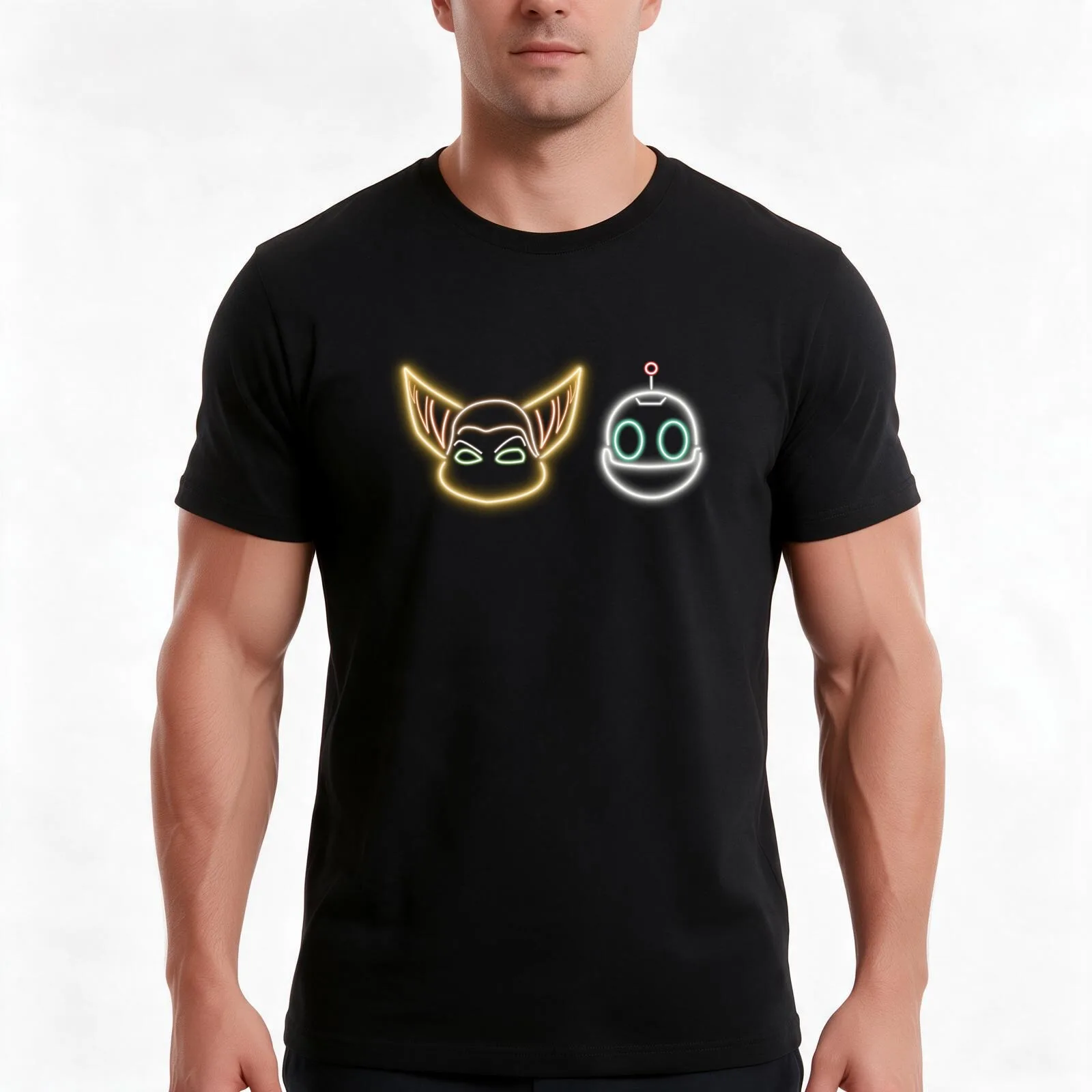 Ratchet and Clank Neon Sign T-Shirt Summer Casual Cotton Tee Oversized Streetwear Tops Vintage Graphic Print 100% Cotton