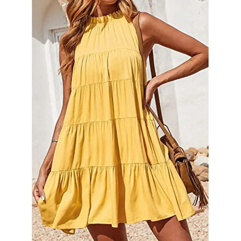 Vestido feminino solto plissado simples, sem mangas, gola redonda, borda com babados, vestido de férias feminino casual, moda primavera e verão, novo