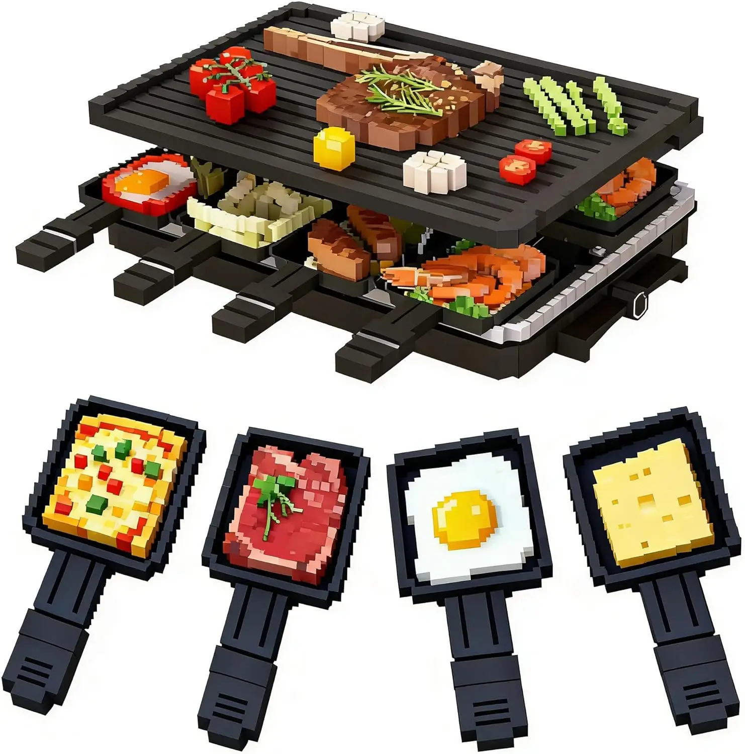 

Raclette Grill for 8 — 1300W Tabletop Party Grill with 2-in-1 Reversible Non-Stick Plate | 8 Individual Cheese Pans & S