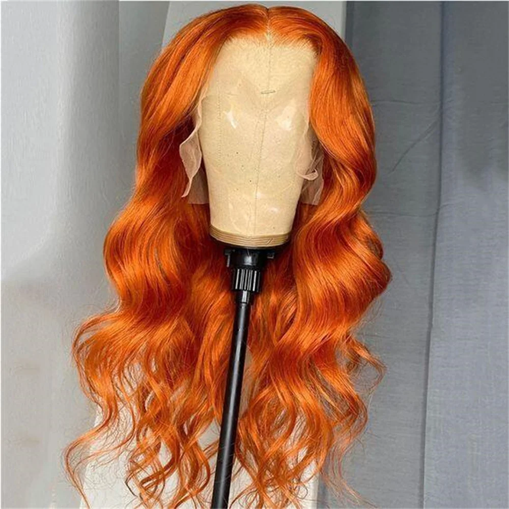 Zachte Lange Gember Oranje 180 Dichtheid 26 Inch Body Wave Kant Voor Zwarte Vrouwen Baby Haar Hittebestendige Lijmloze Dagelijkse Pruik