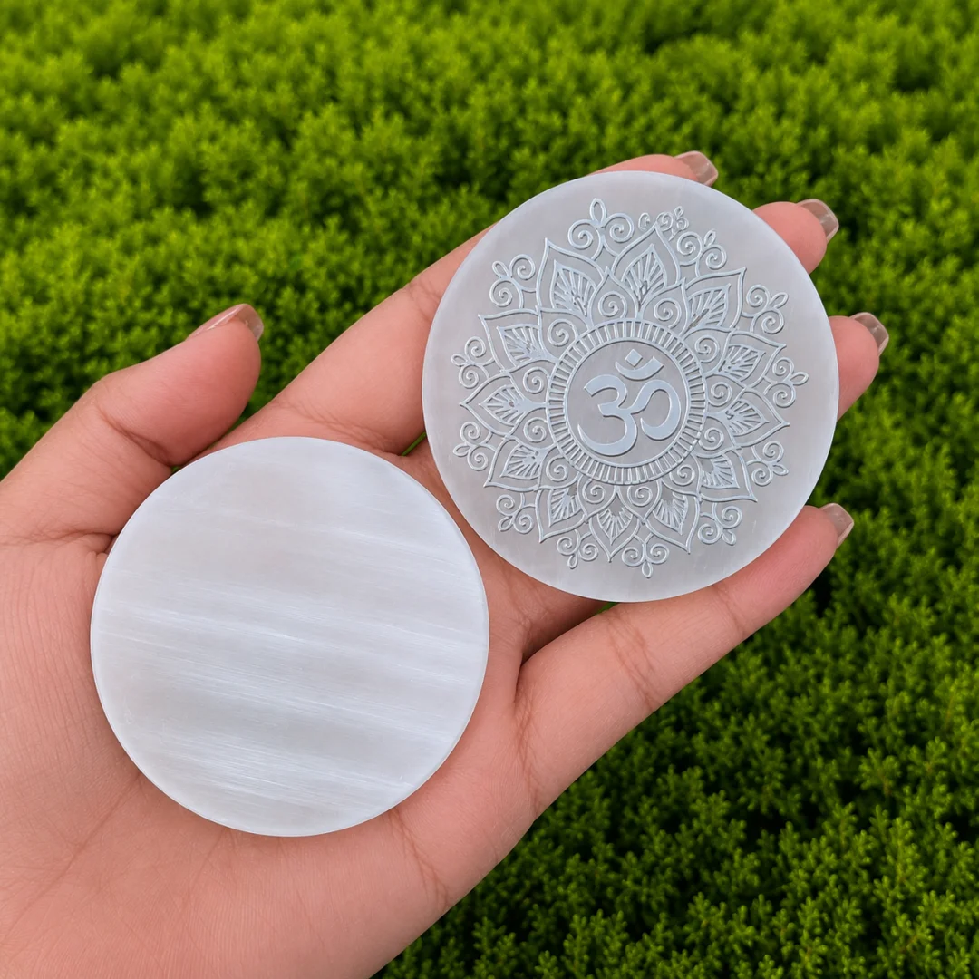 Selenite Round Plate with OM Mandala Engraving, Natural Selenite Crystal Healing Stone, Meditation Altar Decor, Crystal Display