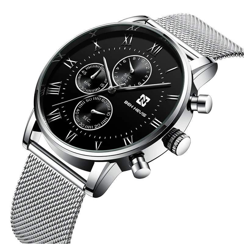 

Genuine BEN NEVIS Men's Quartz Business Watch Stainless Steel Mesh Strap Three Small Chronograph Dials All-match Textured Clock