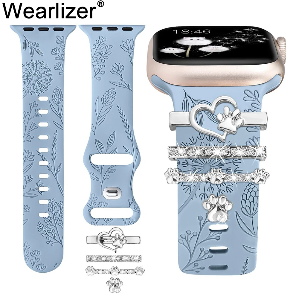 

Wearlizer Dandelion Floral Engraved Band for Apple Watch with Decorative Charms 41mm 40mm 38mm 9 8 7 SE 6 5 4 3 2 1 Women Strap