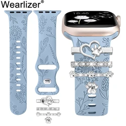 Drager Paardenbloem Bloemen Gegraveerde Band Voor Apple Horloge Met Decoratieve Bedels 41Mm 40Mm 38Mm 9 8 7 Se 6 5 4 3 2 Vrouwen Band