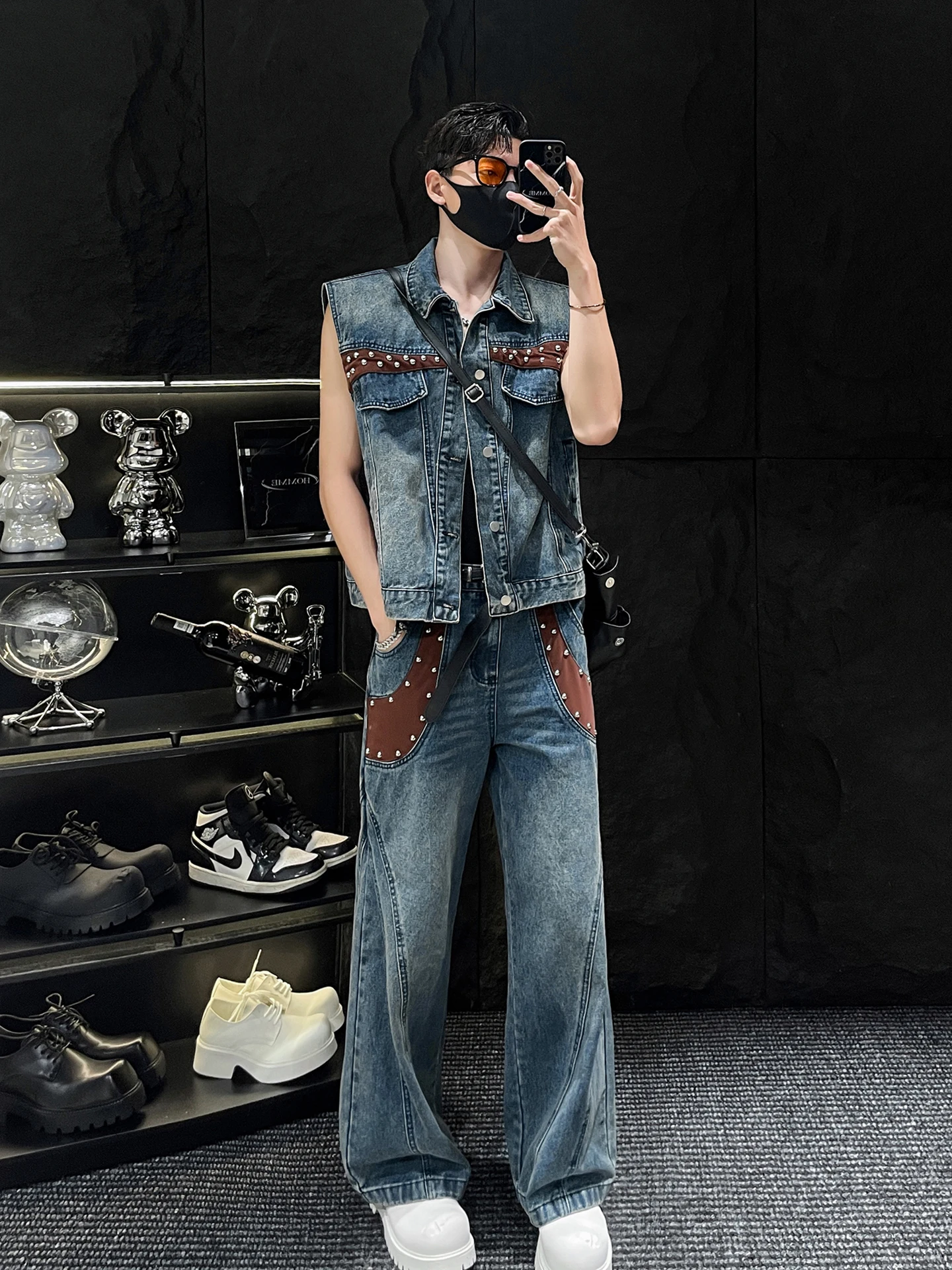 

Мужской летний комплект: джинсовый жилет в стиле ретро и брюки прямого/широкого кроя, двухсоставный комплект в стиле американской уличной моды