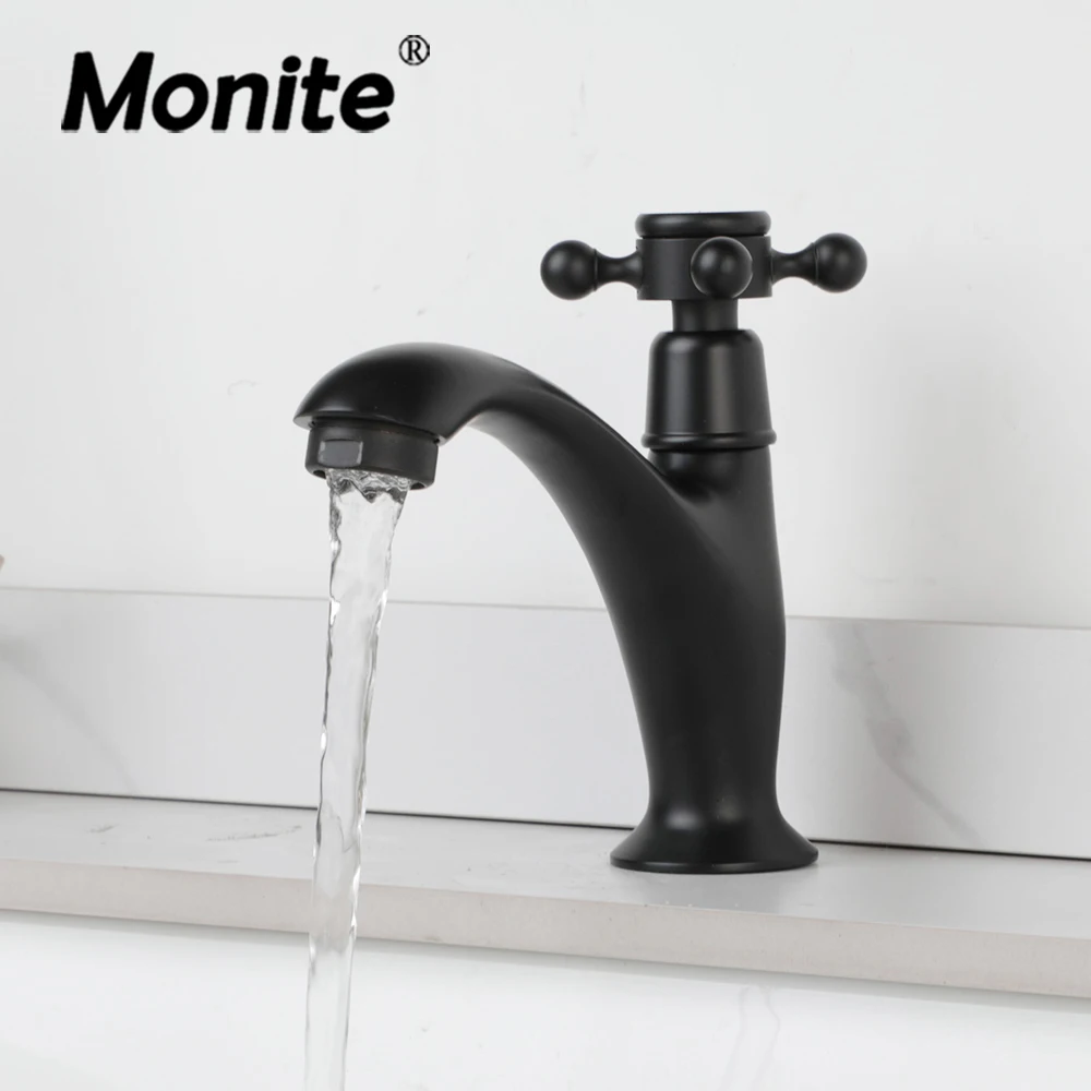 

Monite Bathroom Basin Faucet Deck Mounted Matte Black Cross Handle Rotation Control Single Cold Stream Water Outlet Bath Taps