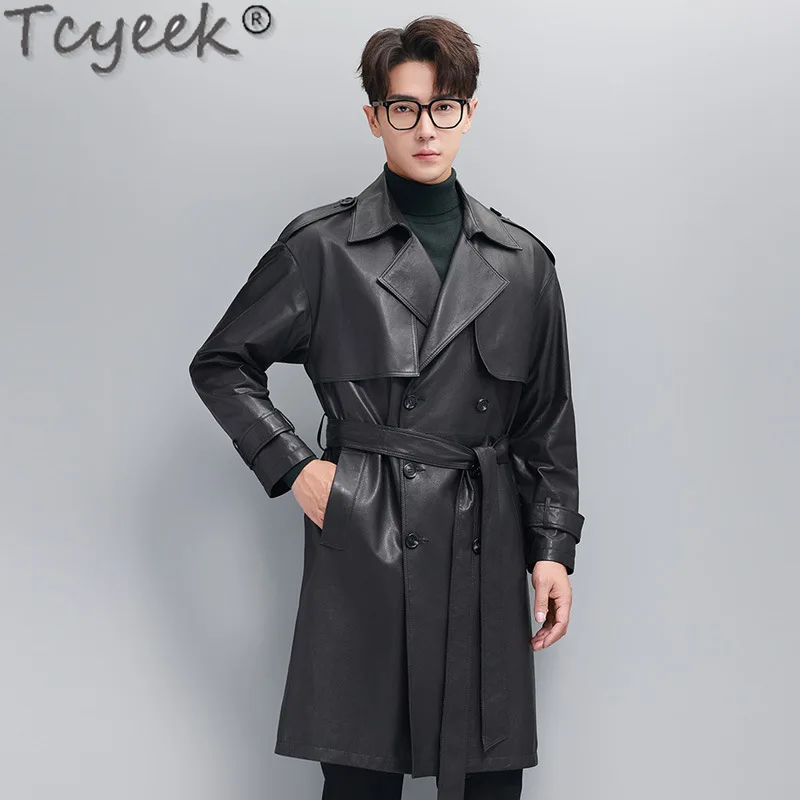 Tcyeek Genuine Leather Jacket Men 2024 Real Sheepskin Coat Spring Autumn Clothes Mid-length Trench Coats for Man Double-breasted