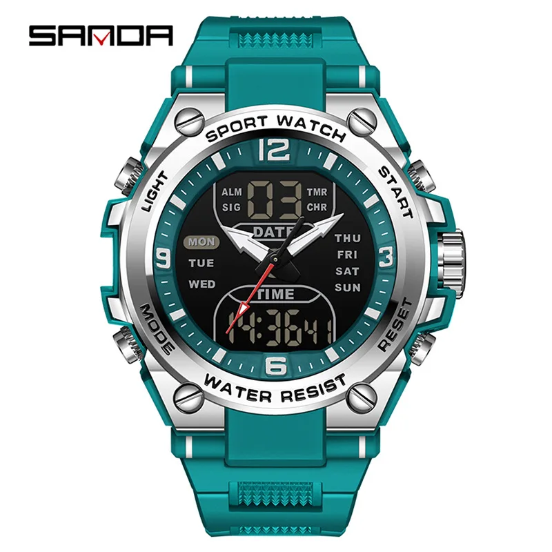 ساعة SANDA الرياضية الإلكترونية للرجال في الهواء الطلق مقاومة للماء وإضاءة ليلية وعرض مزدوج وتوقيت متعدد الوظائف وساعة إلكترونية للطلاب