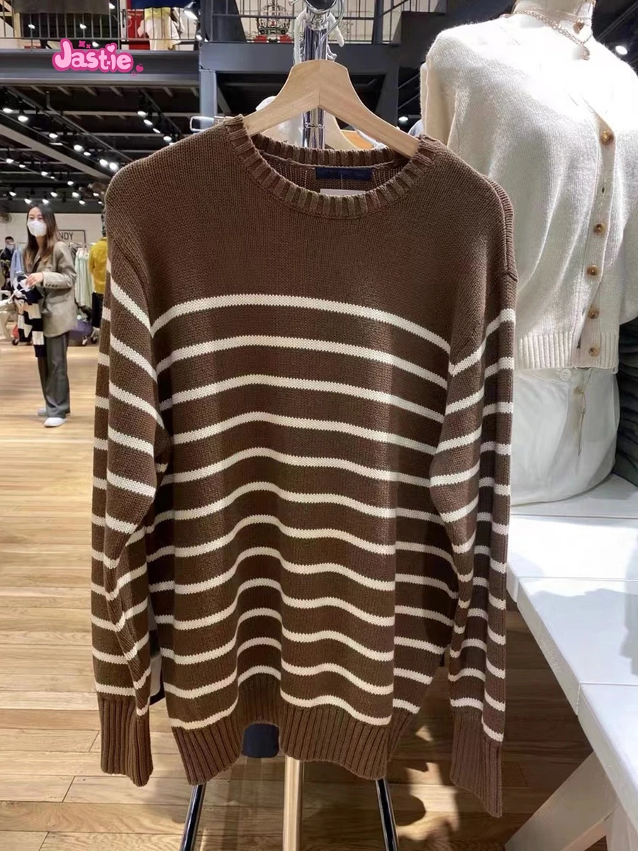 Vintage Striped Pullover Sweater Women Autumn Casual Oversize Drop Shoulder Sweater Femme Retro Streetwear Cotton Tops 2024