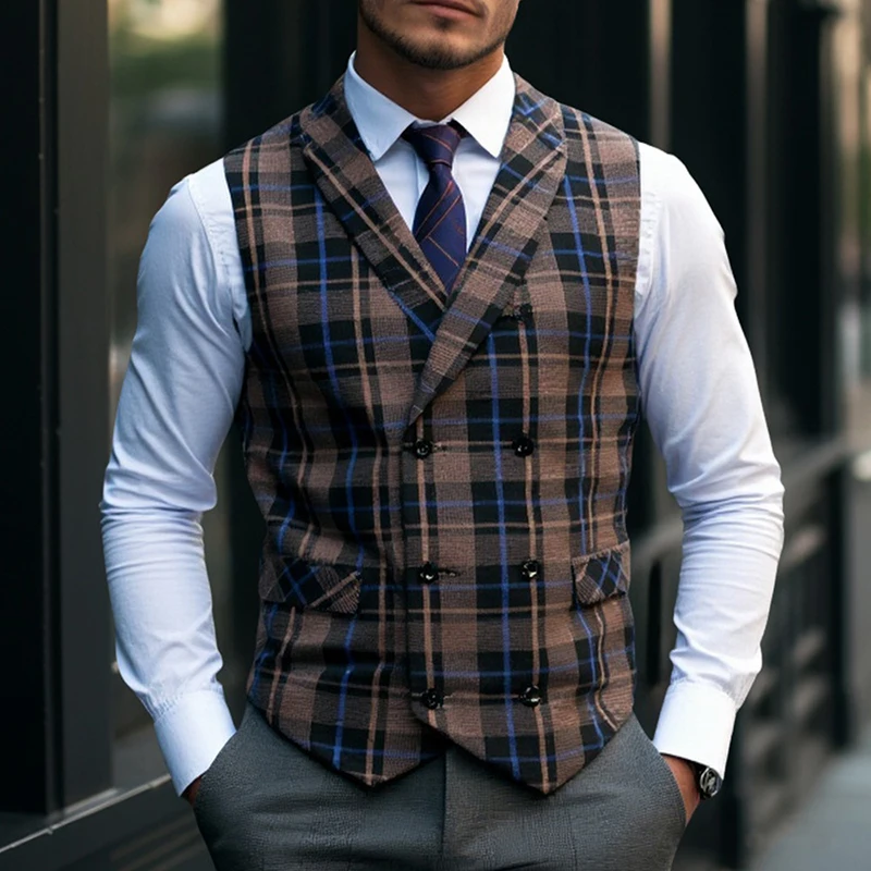 Trendy Sleeveless Slim Waistcoats Mens Spring Fashion Lapel Buttoned Plaid Striped Vest Jackets Men Casual Tie-up Suit Coat Male