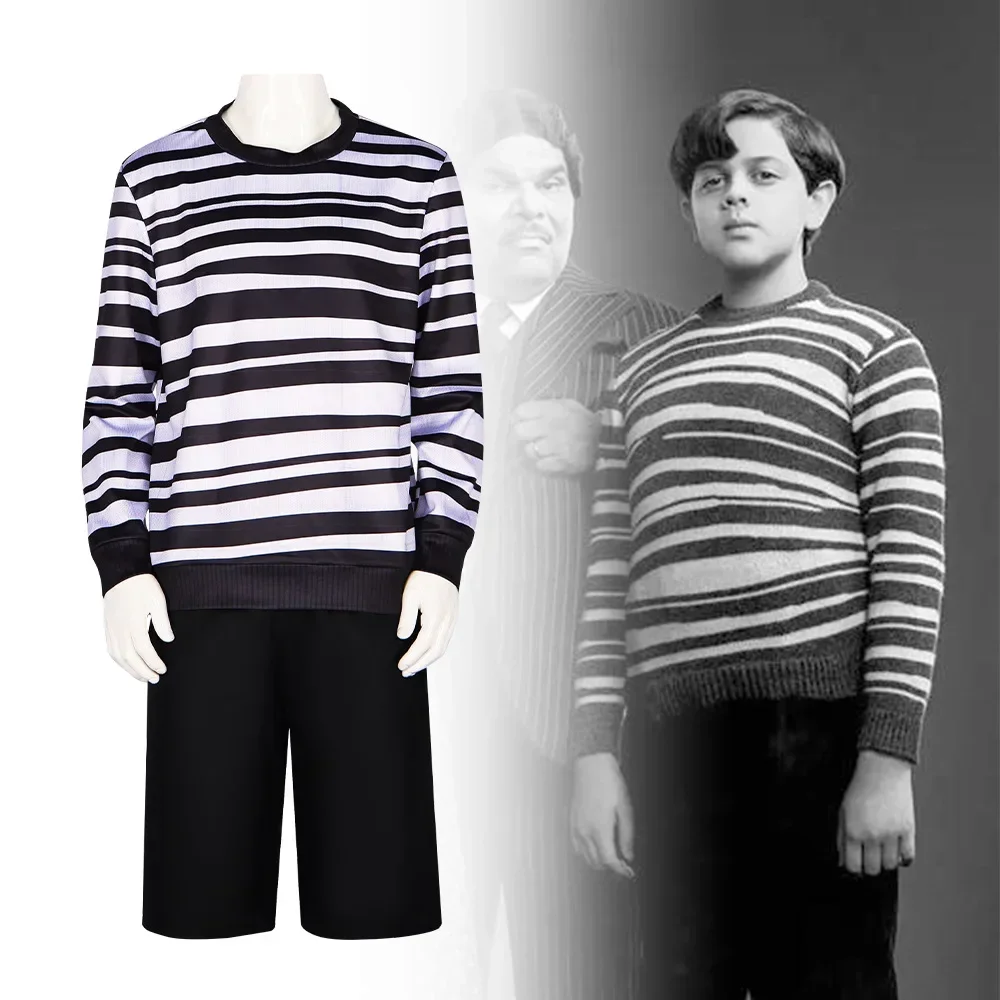 Movie Pugsley Costume Boys Black and White Striped Shirt Wednesday Addams Family Dress Gothic Cosplay Halloween Outfit for Men