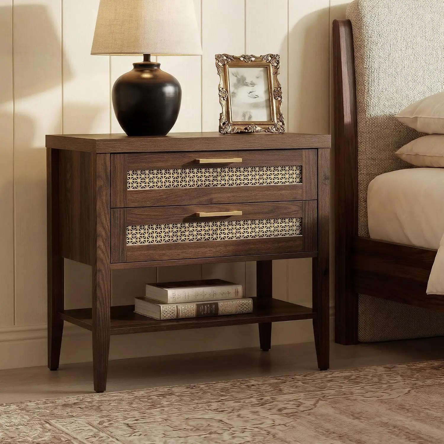 Mid Century Modern Nightstand 2 Drawers & Storage Shelf, Rustic Wooden Bedside End Table Bedroom, Walnut, 1 Piece, Customized