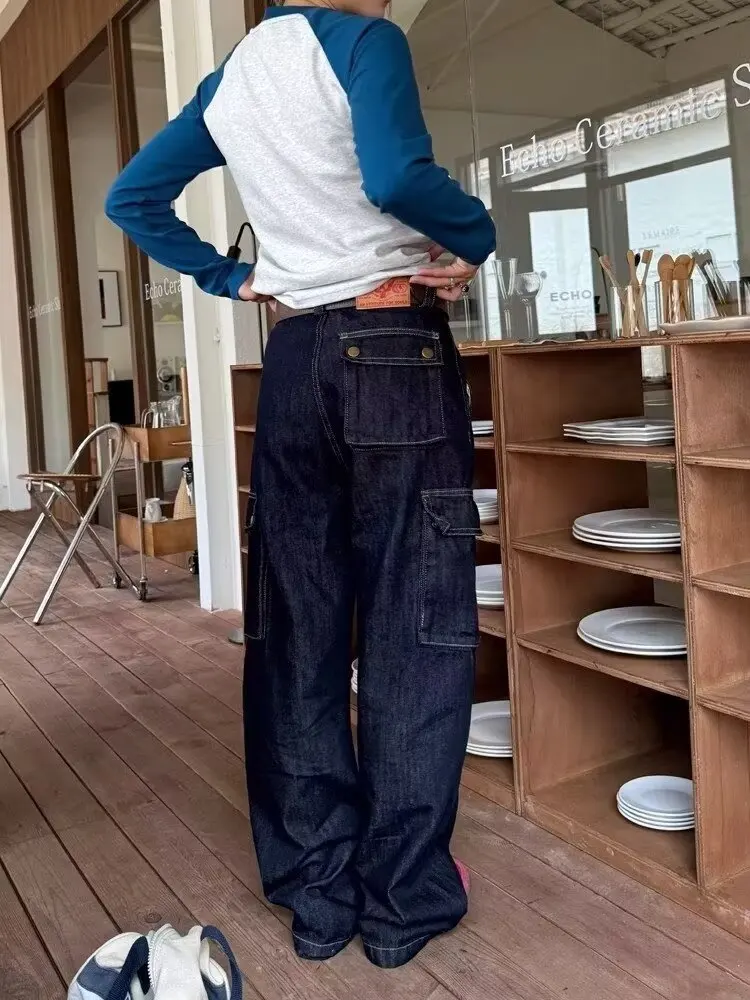 Blaue Schlaghose für Damen, hohe Taille, Knopfhose, 2000er-Jahre, amerikanische Y2k-Waschtasche, lockere Herbstjeans, Büro-Damenhose