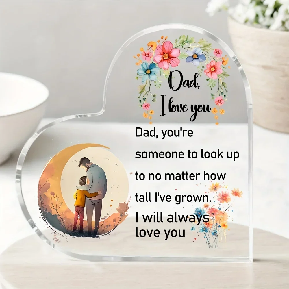 HeHeart Shaped Acrylic Plaque Gift for Dad Father Daughter Floral Moon Desk Decor, Inspirational Quote Home Decor Father's Day Gift