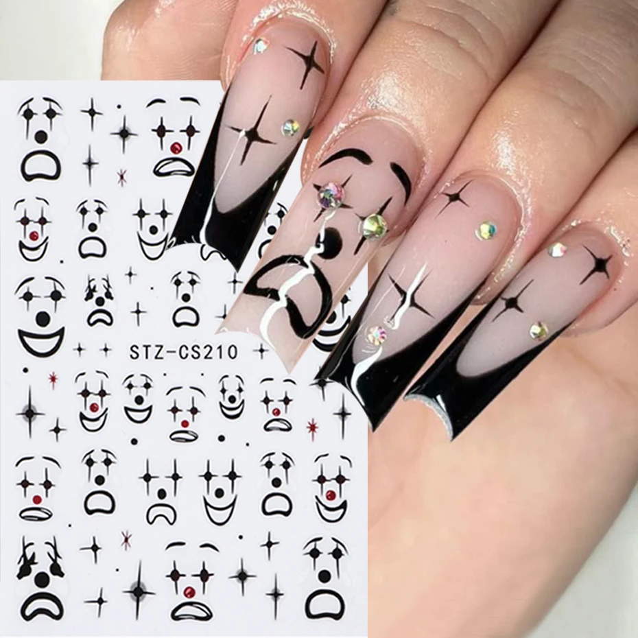 3D 만화 광대 네일 스티커 유행 조커 불 립 네일 할로윈 무서운 얼굴 네일 장식을위한 자체 접착 슬라이더