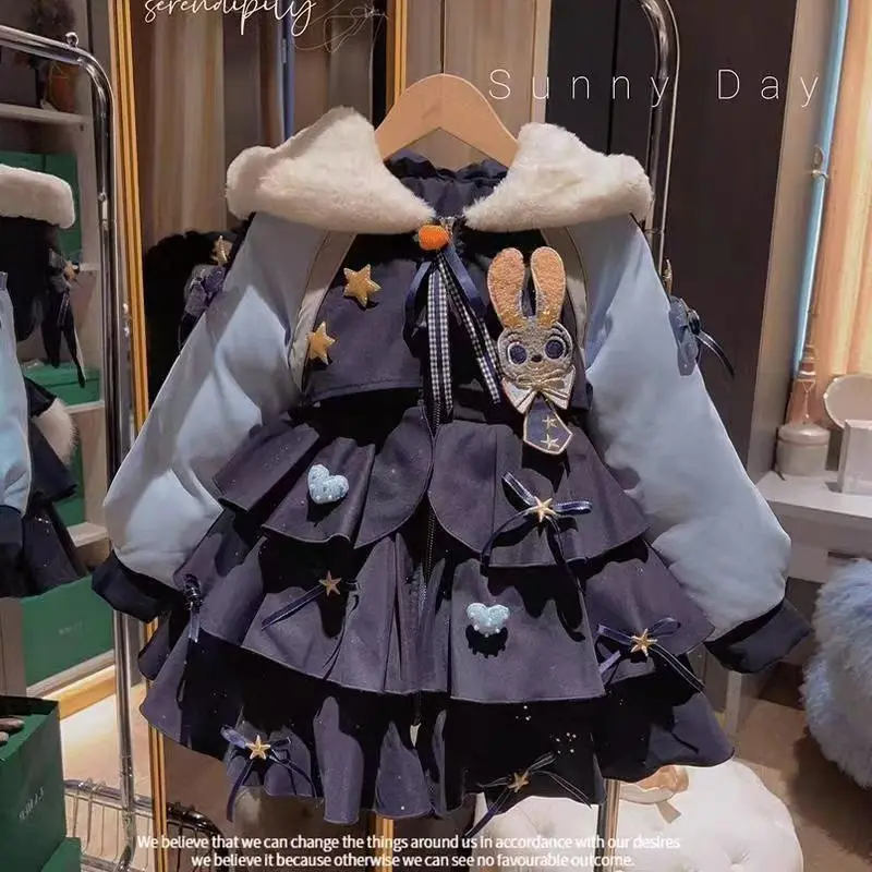 

Kawaii Winter Judy Rabbit Officer Children Plush Jacket Long Style Fashion Hooded Padded Jacket Thicken Warm Outerwear Coat Gift