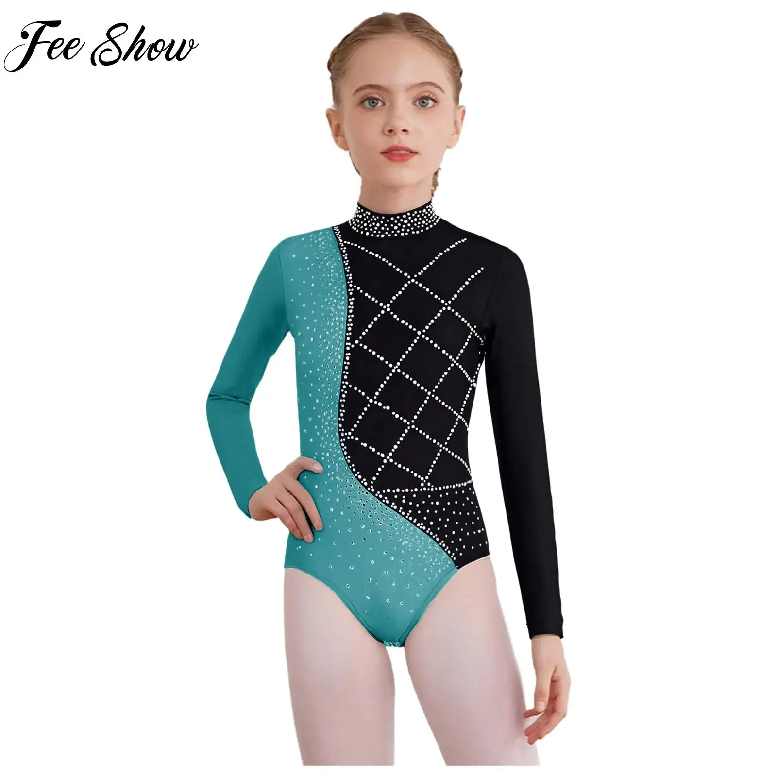 

Shiny Rhinestones Gymnastics Leotard Kids Girls Long Sleeve Bodysuit for Figure Skating Dance Stage Performance Training Wear