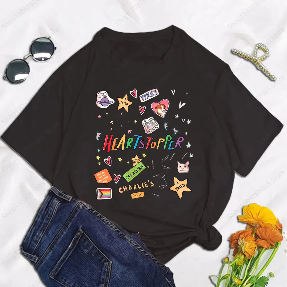 Nick and Charlie T-Shirt Damski Krótki Rękaw Letnia Moda Heartstopper Tshirt Casual Black Fashion Tee Shirt O-Neck Tops Black