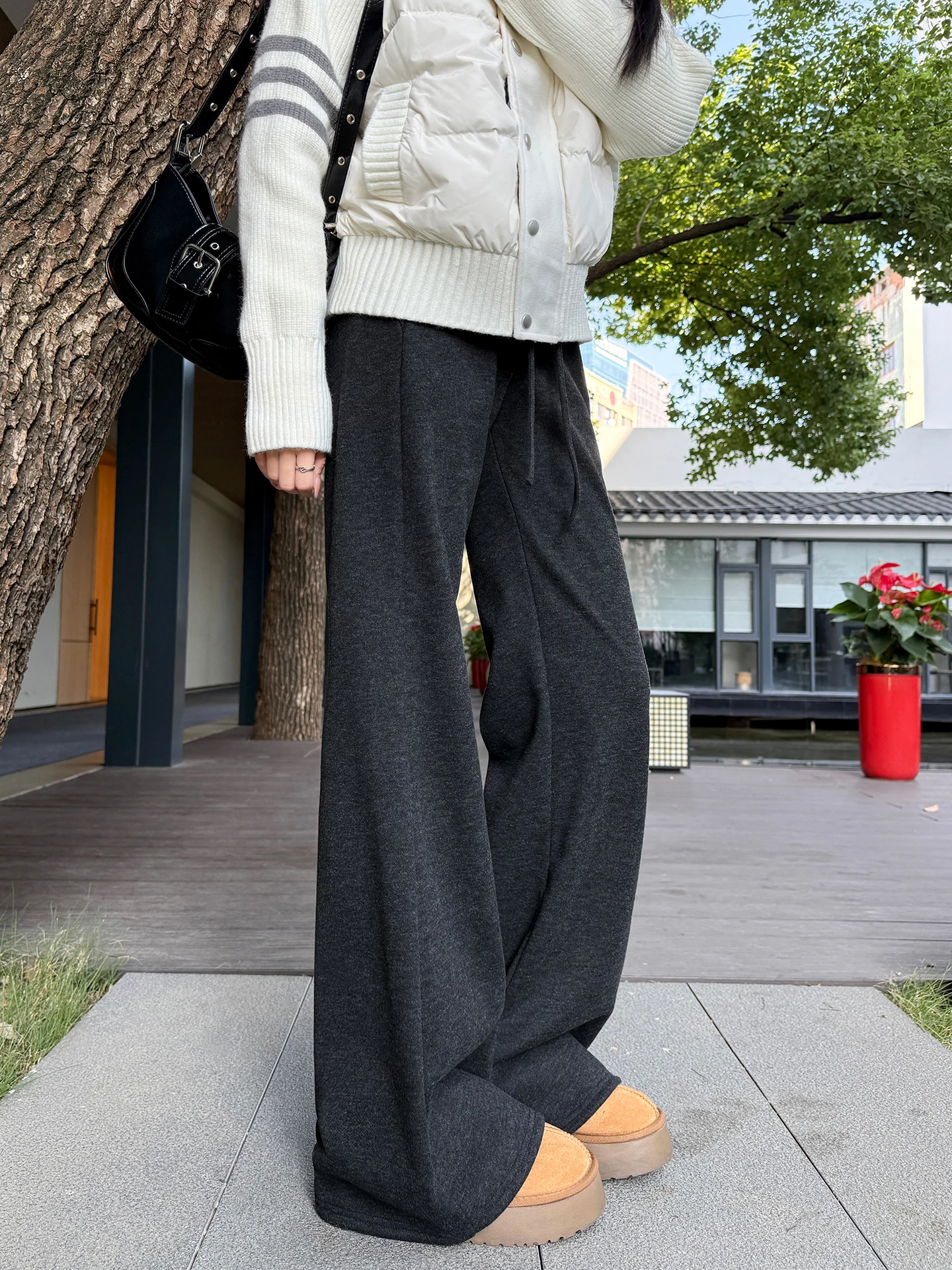 Spodnie damskie z wełny karmelowej, rozszerzane, z wysokim stanem, ocieplane, do jogi, sportowe, dresowe, codzienne spodnie na jesień i zimę.