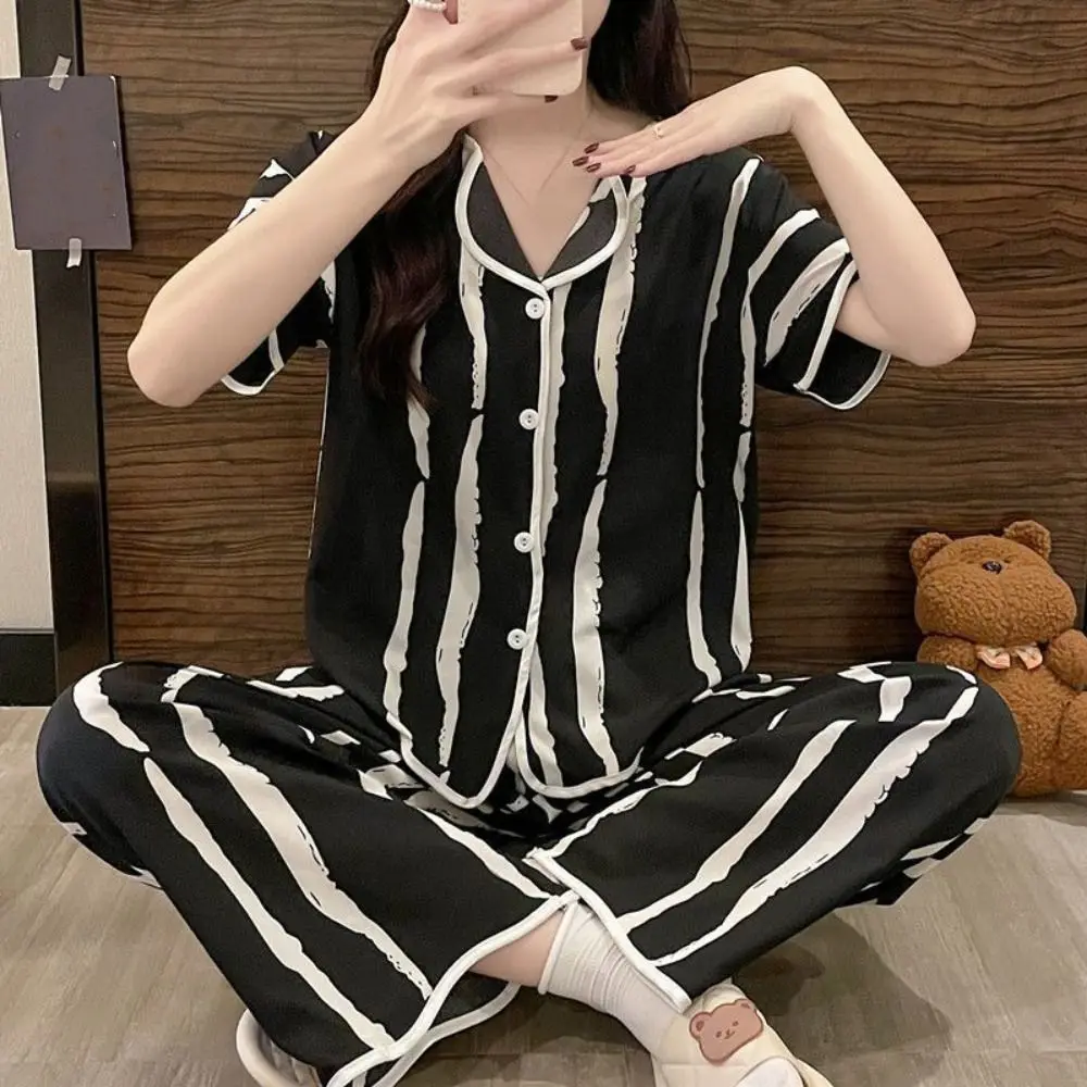 

Sweet Stripe Bowknot Pajamas Suit Ice Silk Short Sleeve Women Sleepwear Set Homewear Lapel Collar Three Pieces Nightwear Gifts