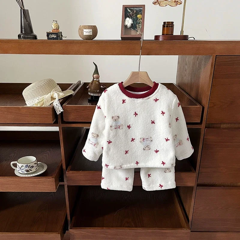 Girls Padded Suit Children's Fleece Pyjama Sets Winter Bow Top Trousers 2Pcs 2025 Autumn New Homewear Outfits Kid Casual Clothes